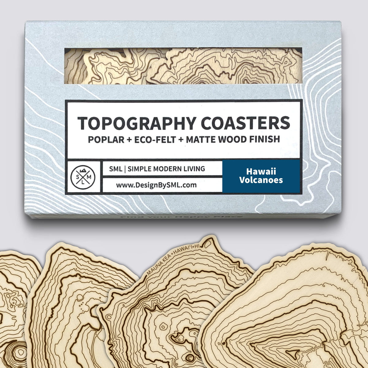 Hawaii Volcano Coasters Set | Handmade Wooden Coaster | Hawaii Contour Maps