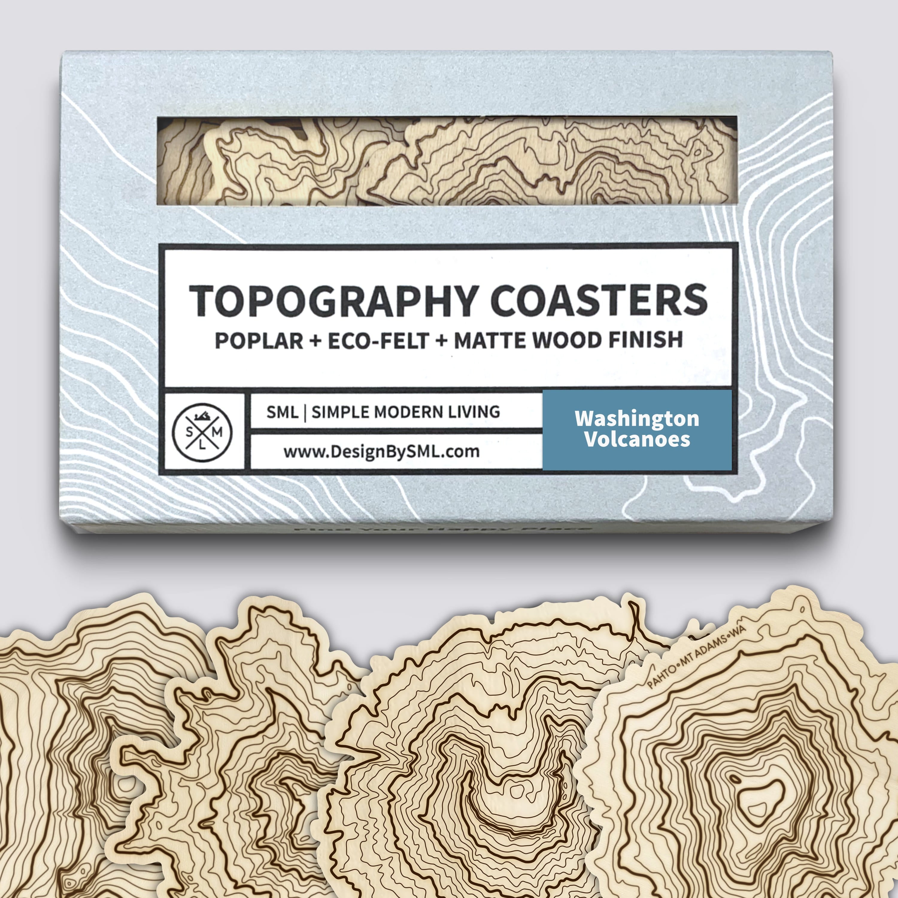 Washington Volcanoes Coaster Set | Handmade Wooden Coaster | Washington Mountain Map