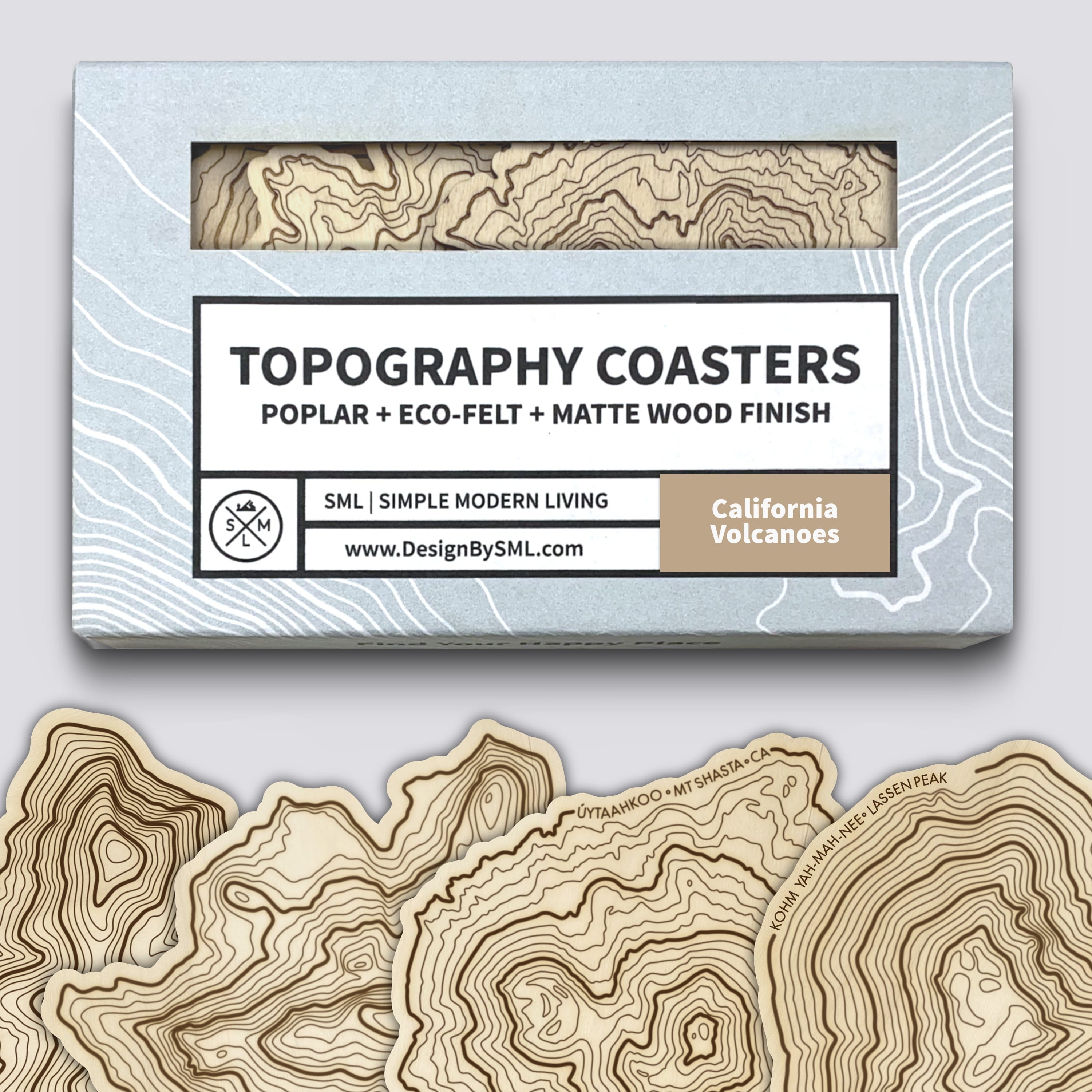 California Volcano Coasters Set | Handmade Wooden Coaster | California Mountain Maps