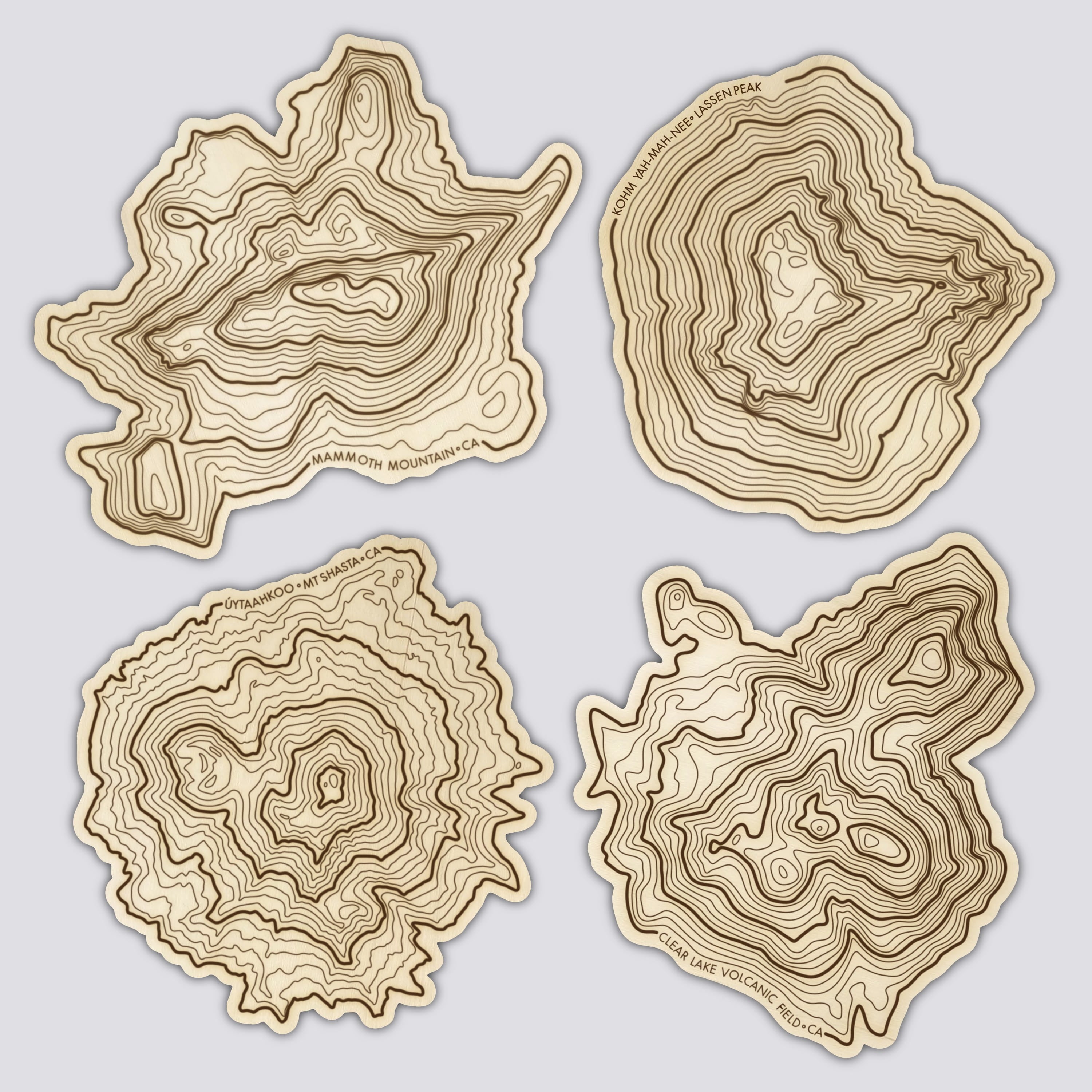 California Volcano Coasters Set | Handmade Wooden Coaster | California Mountain Maps