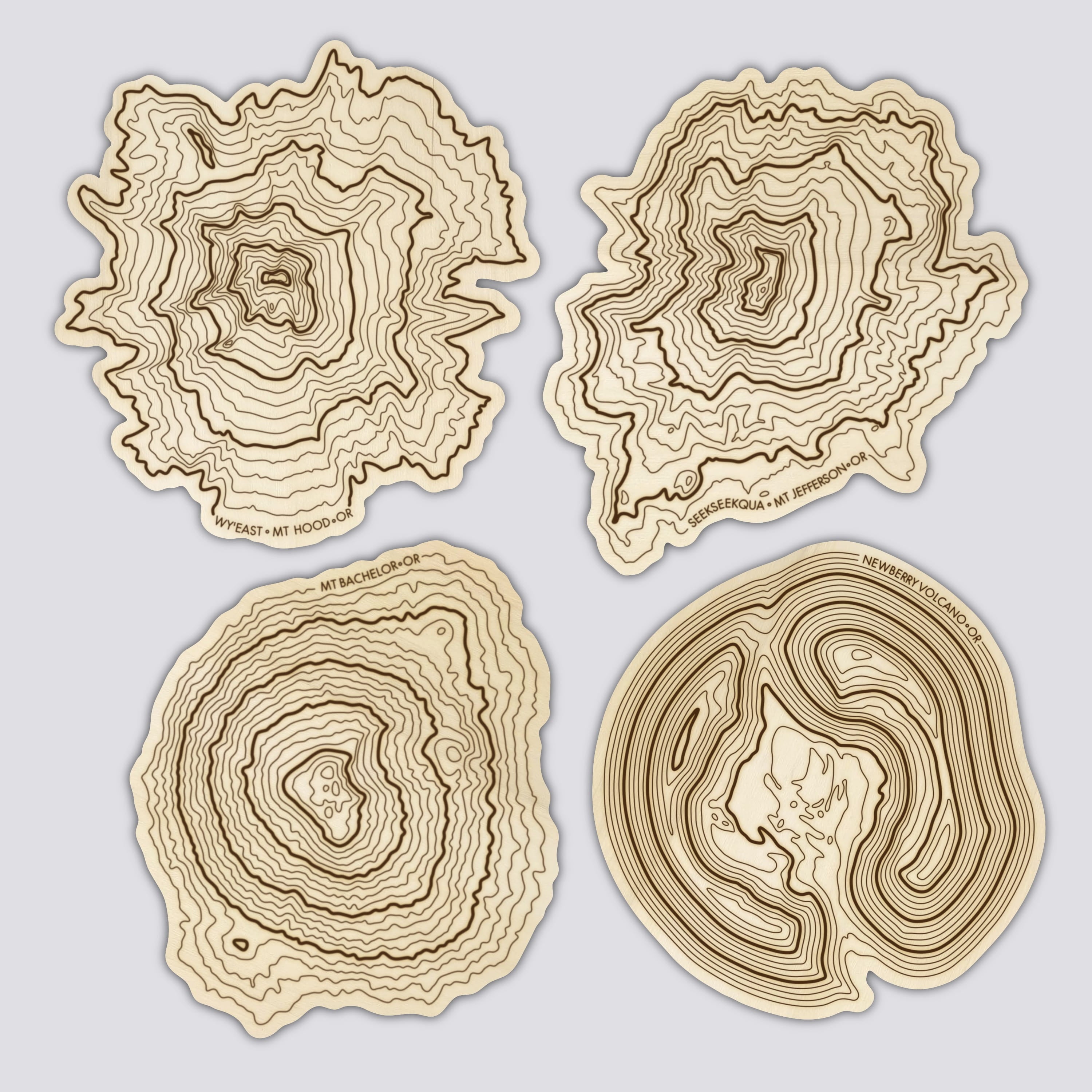 Oregon Volcanoes Coaster Set | Handmade Wooden Coaster | Oregon Mountain Map