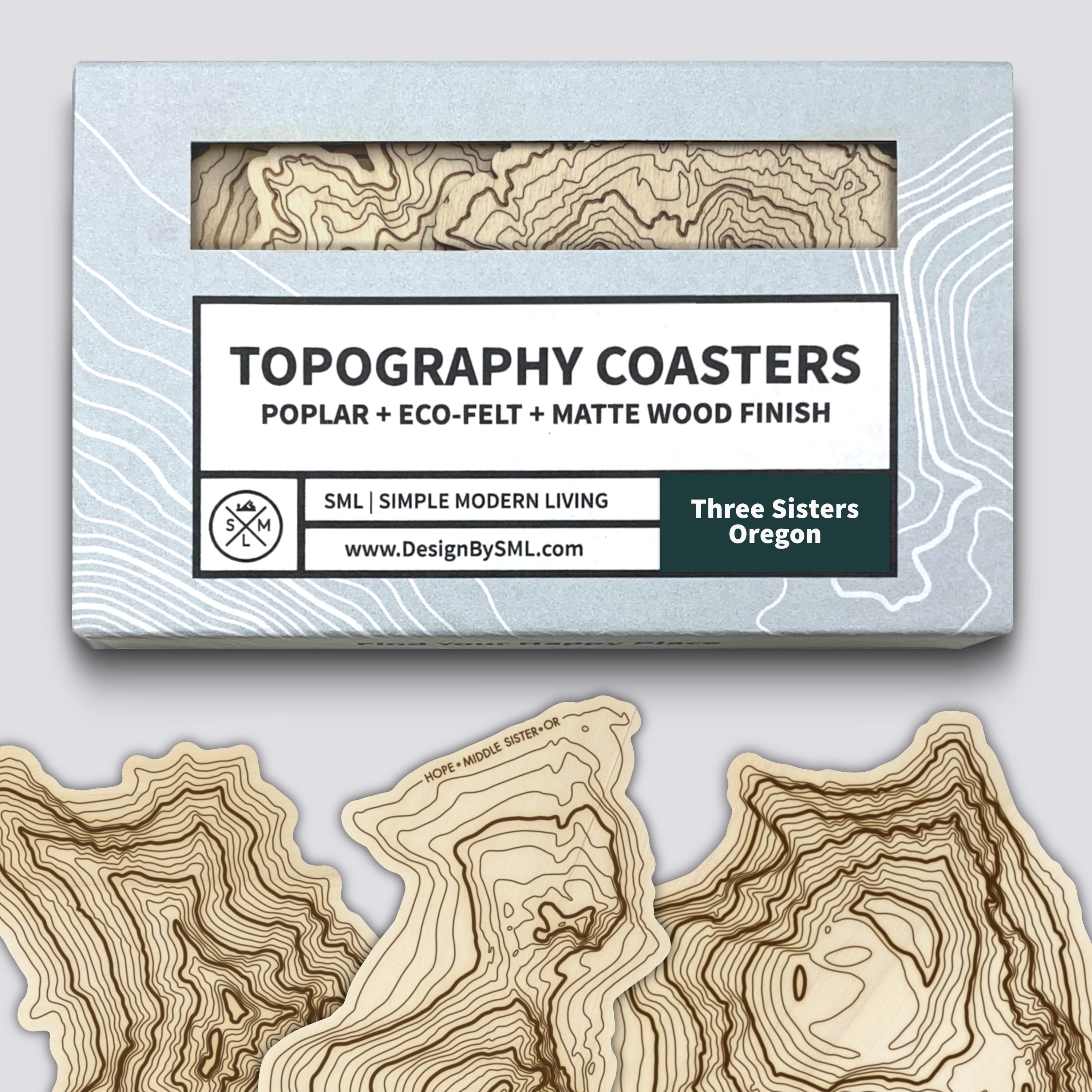 Three Sisters Coaster Set | Handmade Wooden Coaster | Oregon Mountain Maps