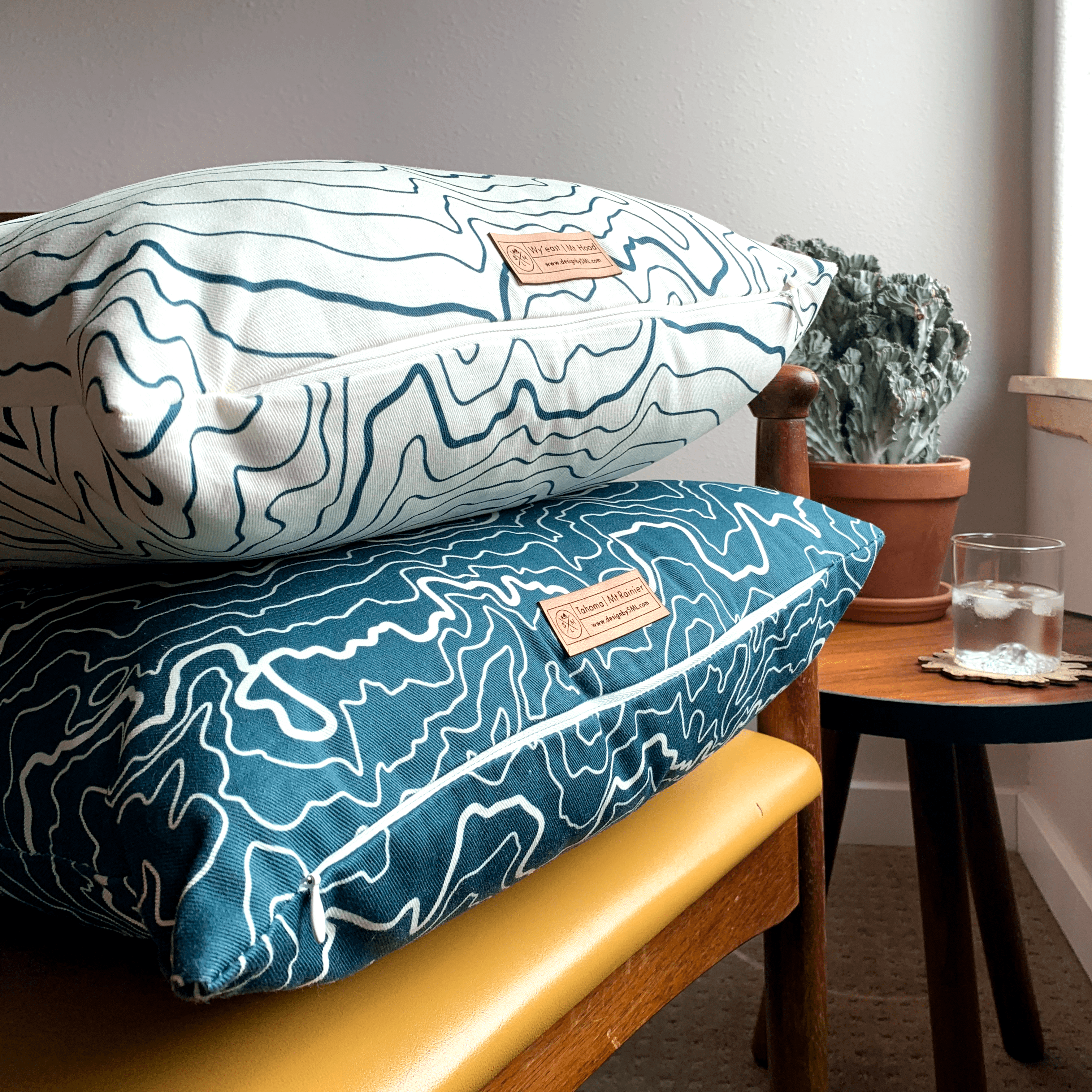 Mt Hood Topography Linen Pillow - Cream & Evergreen