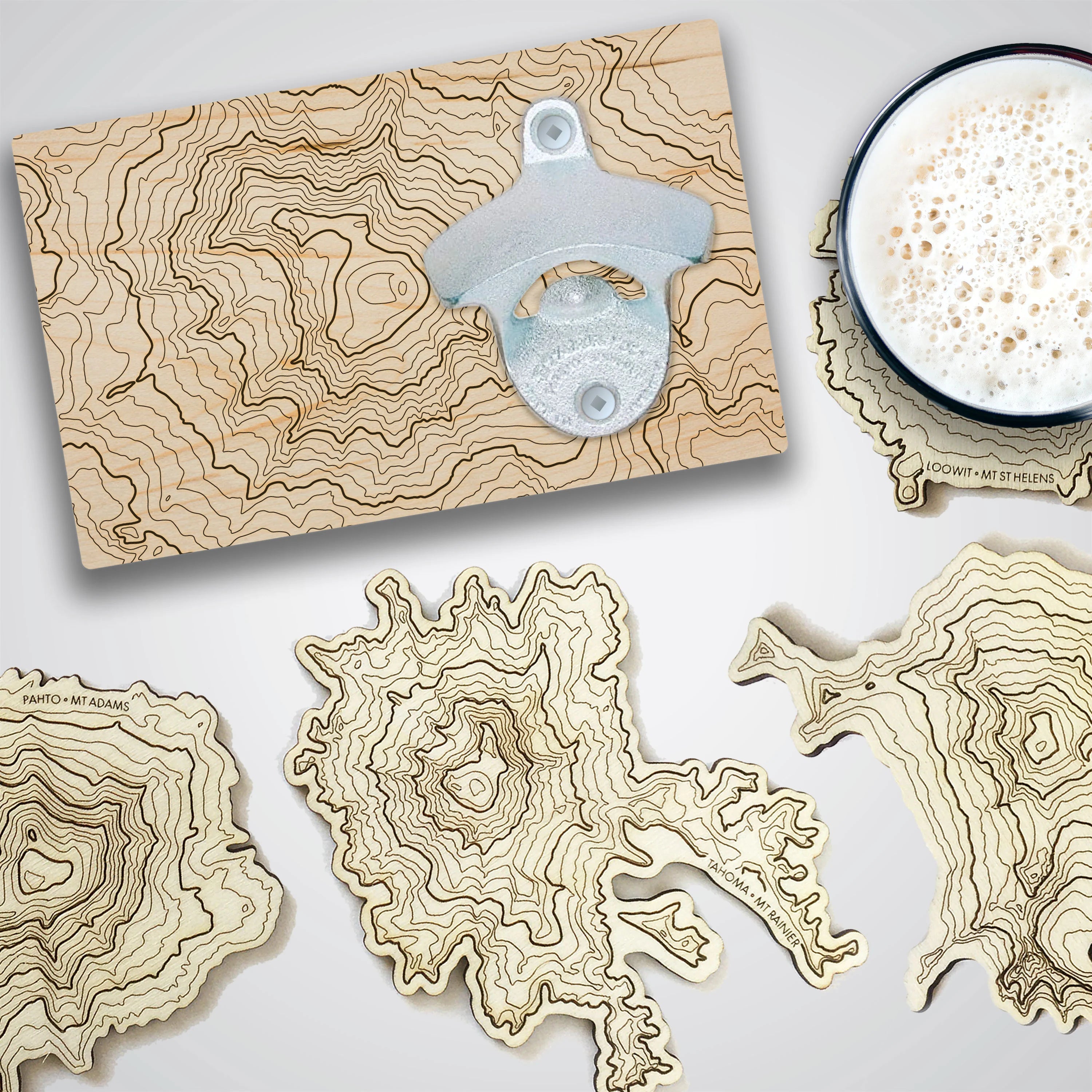 Washington Beer Lover Gift Set • Topographic Map Bottle Opener + Wooden Coaster Set